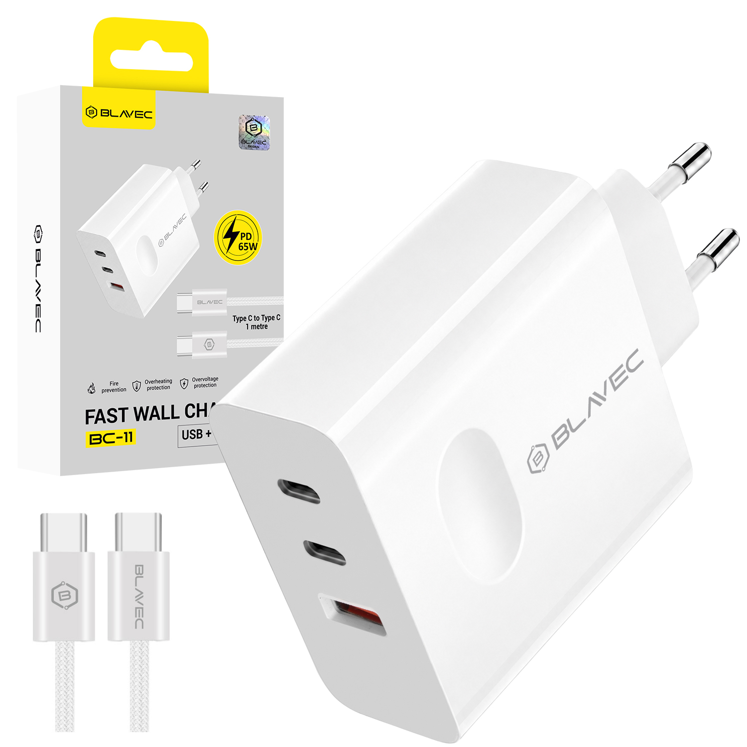 Blavec sienas lādētājs BC-11 GaN - USB + 2xType C - QC PD 65W 3A ar Type C uz Type C kabeli (TCBC11G-U2CW653A) balts