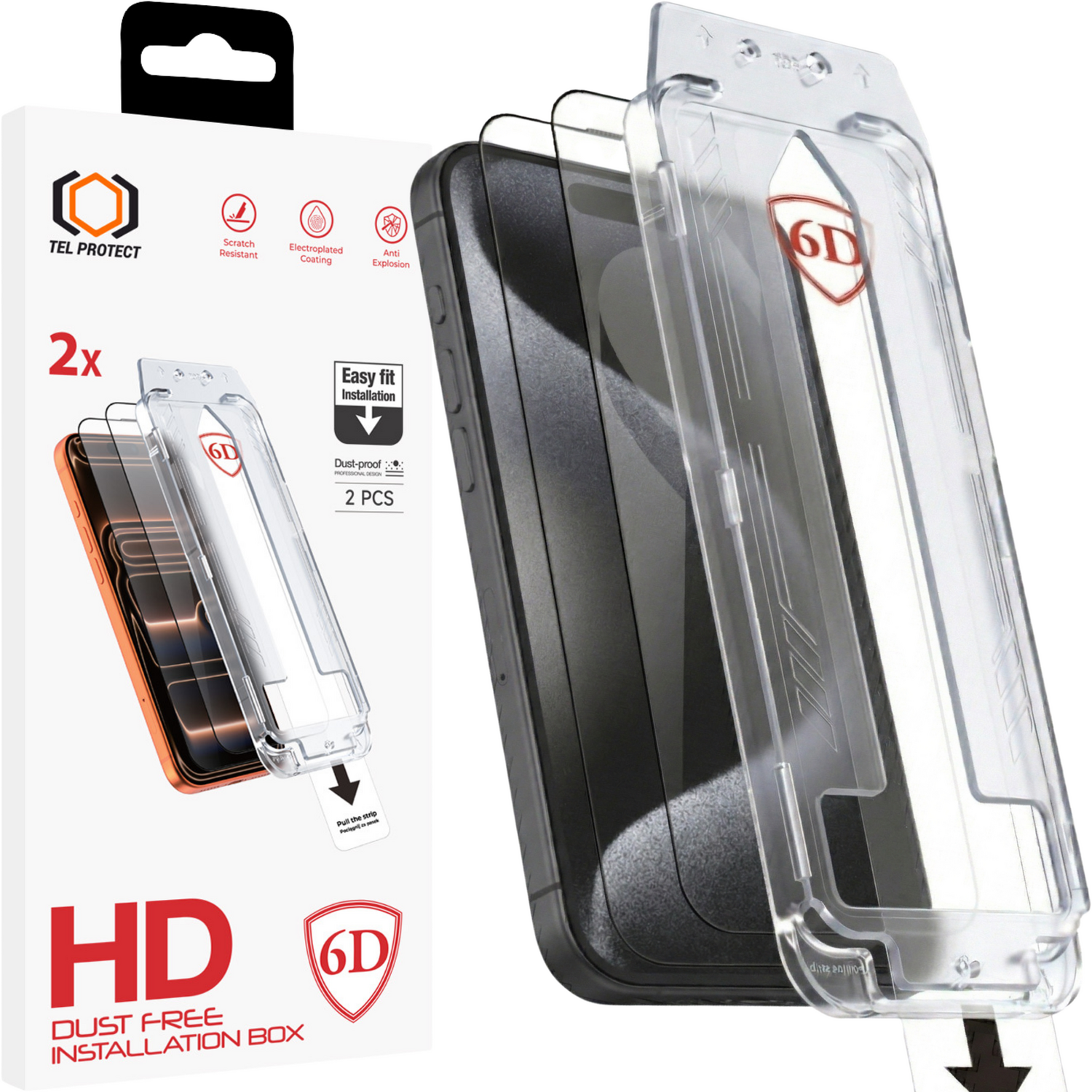 Tel Protect Dust-Free Easy Fit Full Glue 6D Tempered Glass for Iphone 15 Pro Max black - 2 pieces