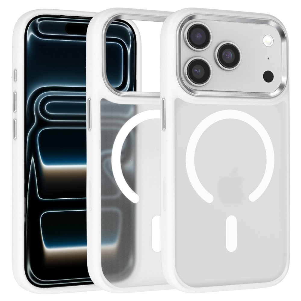 Liavec Cloudy maciņš ar metāla kameras rāmi priekš Iphone 17 Pro balts (kameras vadības poga)