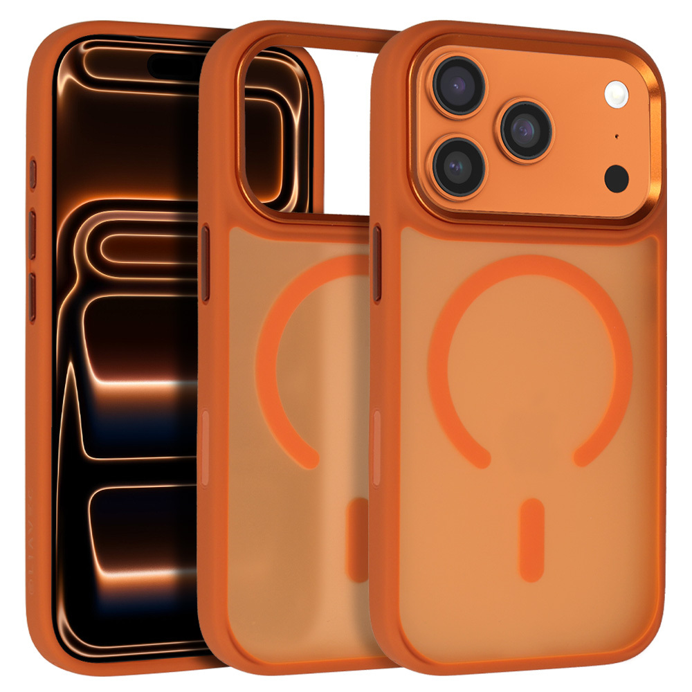 Liavec Cloudy maciņš ar metāla kameras rāmi priekš Iphone 17 Pro oranžs (kameras vadības poga)
