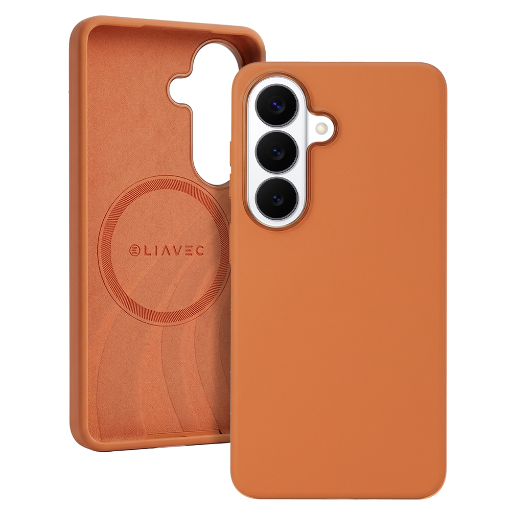 Liavec Silky maciņš ar metāla kameras rāmi priekš Samsung Galaxy S26 oranžs
