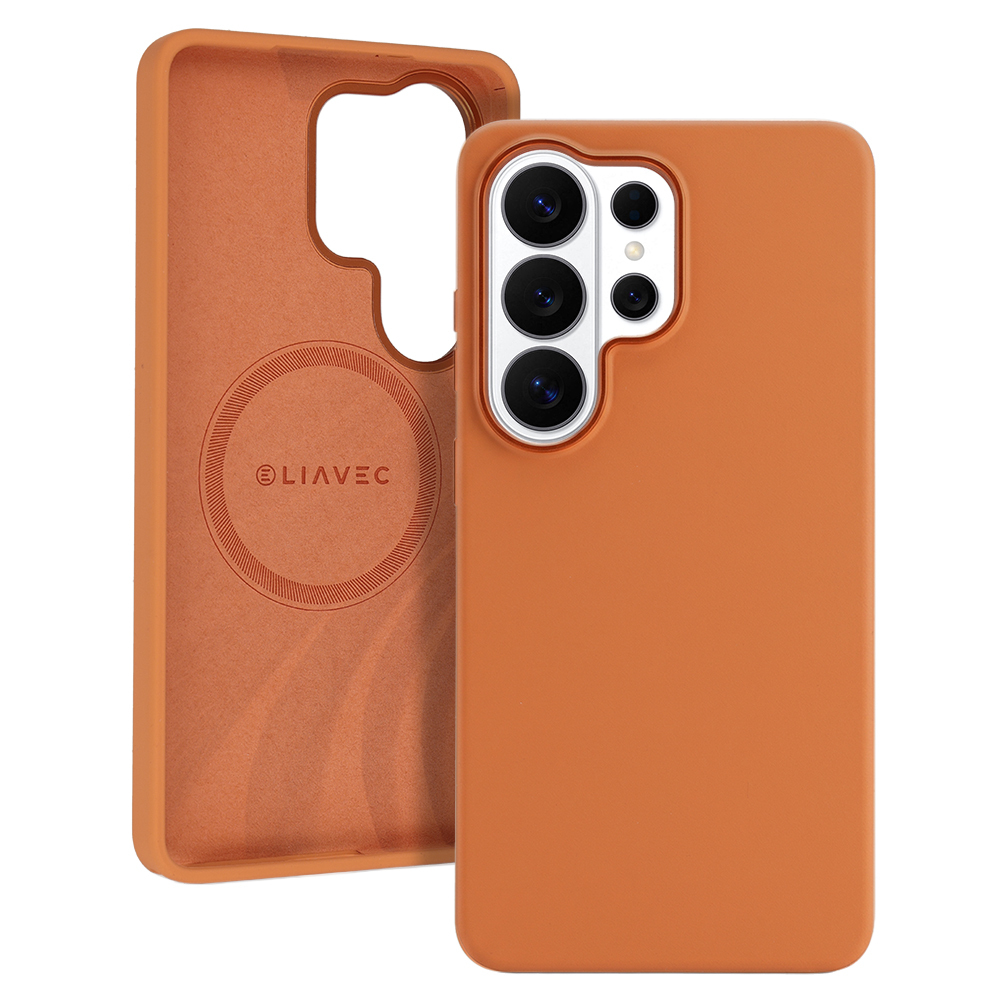 Liavec Silky maciņš ar metāla kameras rāmi priekš Samsung Galaxy S26 Ultra oranžs