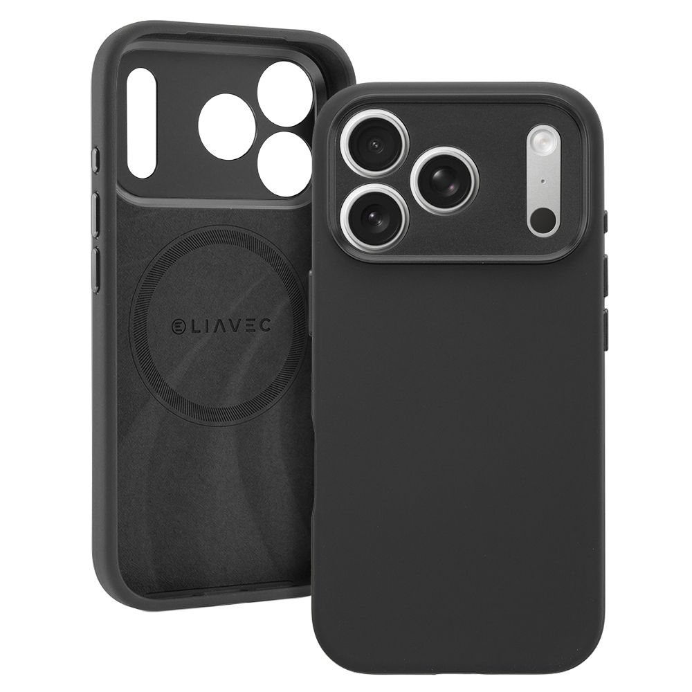 Liavec Silk Shield maciņš ar metāla kameras rāmi priekš Iphone 17 Pro Max melns