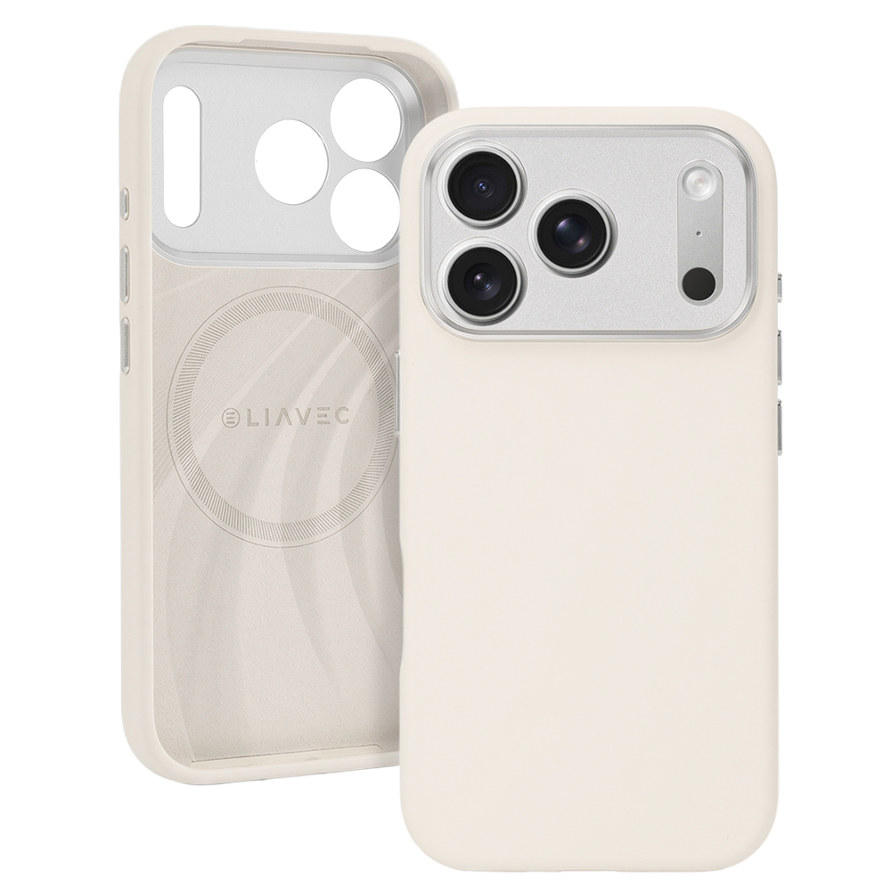 Liavec Silk Shield maciņš ar metāla kameras rāmi priekš Iphone 17 Pro Max bēšs