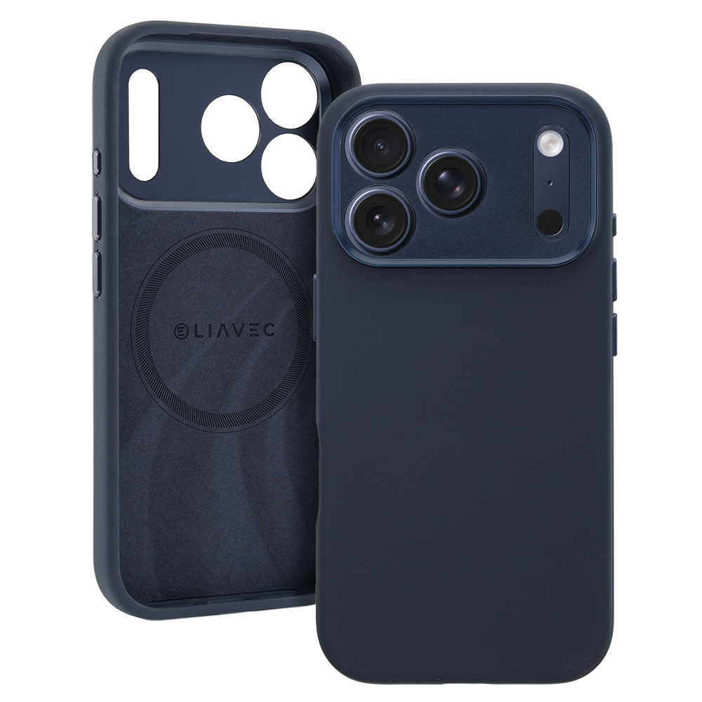 Liavec Silk Shield maciņš ar metāla kameras rāmi priekš Iphone 17 Pro Max tumši zils