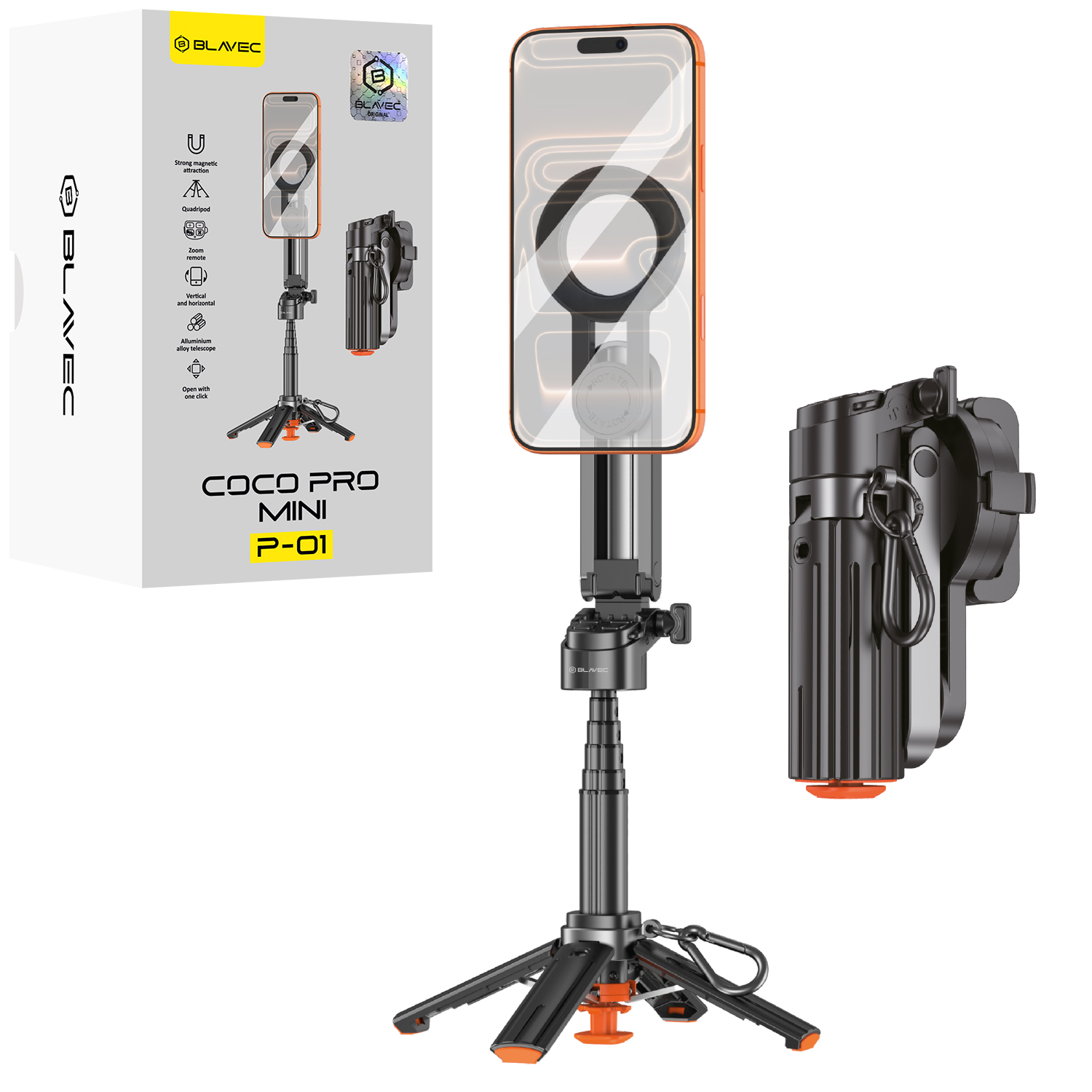 Blavec alumīnija selfiju kāts Coco PRO Mini P-01 Magsafe Auto pop četrkājis + tālvadības pults + turētājs 0,48 metri (SSCPMP01-MQHB048) melns