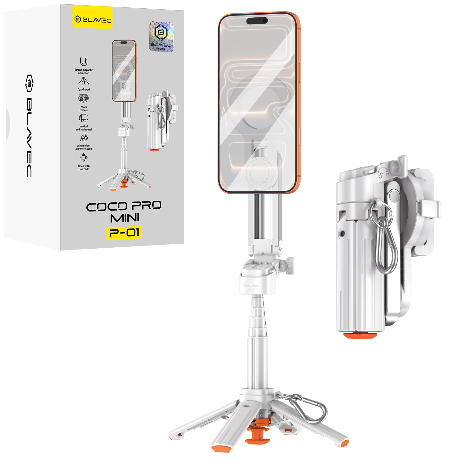 Blavec alumīnija selfiju kāts Coco PRO Mini P-01 Magsafe Auto pop četrkājis + tālvadības pults + turētājs 0,48 metri (SSCPMP01-MQHW048) balts