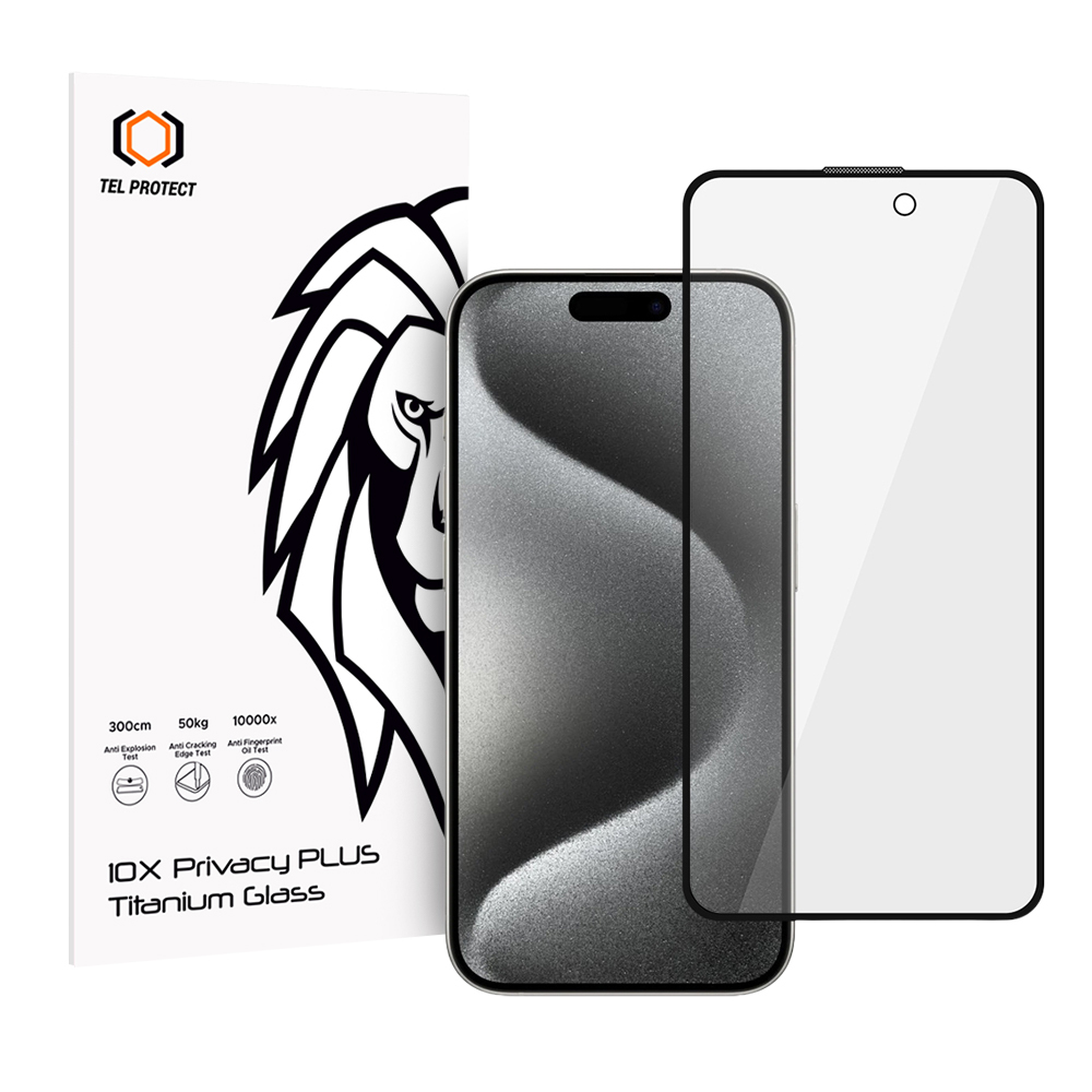Rūdīts stikls Tel Protect 10X Privacy Plus Titanium priekš Iphone 16 Pro/17 (aploksne)
