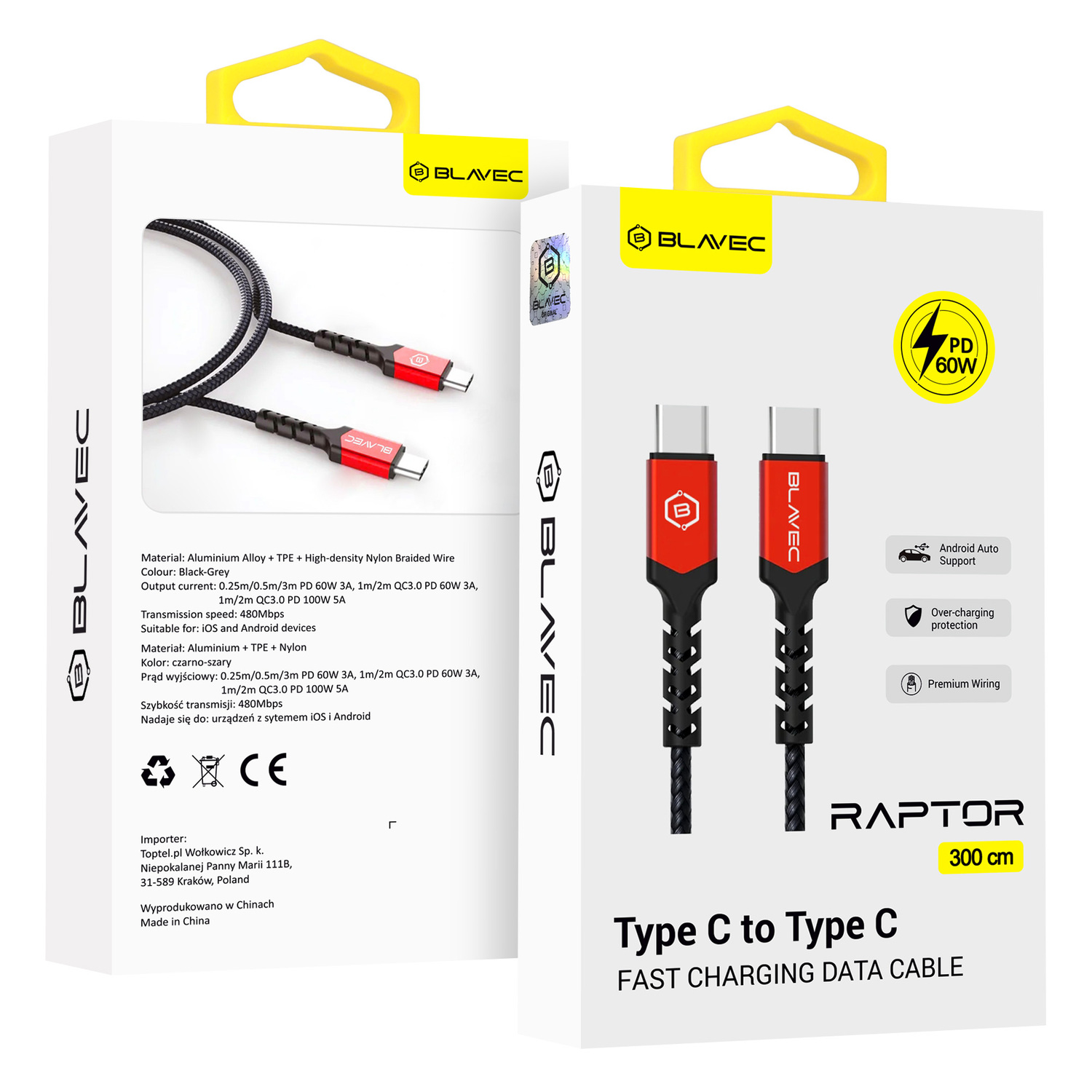 Blavec kabelis Raptor pīts - Type C uz Type C - PD 60W 3A 3 metri Apple CarPlay/Android Auto (CRA-CC3BR30) melns-sarkans