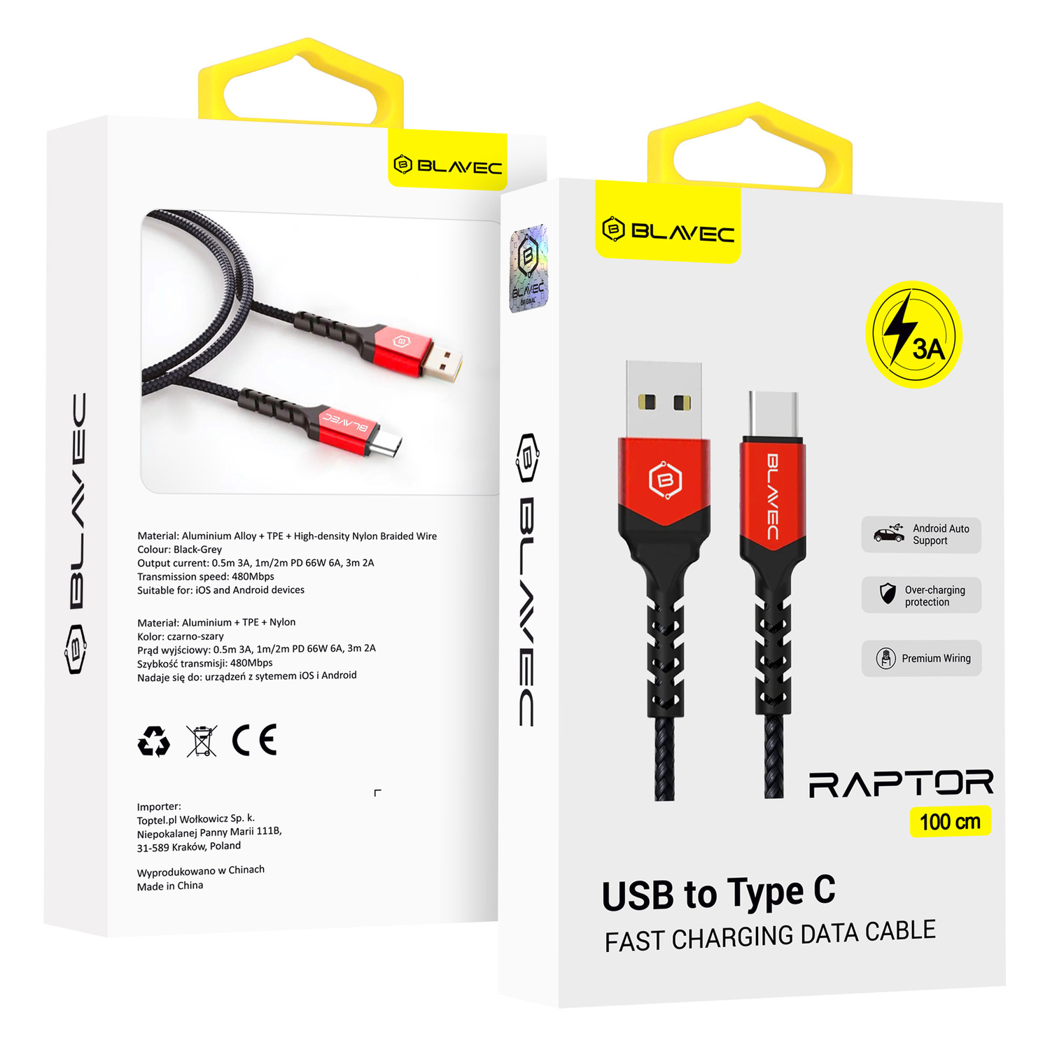 Blavec kabelis Raptor pīts - USB uz Type C - 3A 1 metrs Apple CarPlay/Android Auto (CRA-UC3BR10) melns-sarkans
