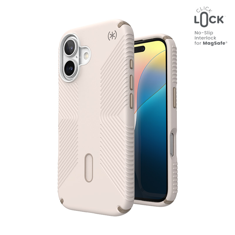 Speck Presidio2 Grip vāciņš ar MagSafe un ClickLock iPhone 16 tālrunim, Bleached Bone/Heirloom Gold