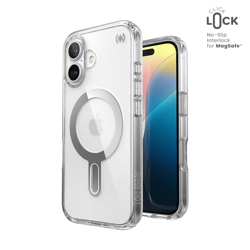 Speck Presidio Perfect-Clear vāciņš ar MagSafe un ClickLock iPhone 16 tālrunim, Clear/Chrome