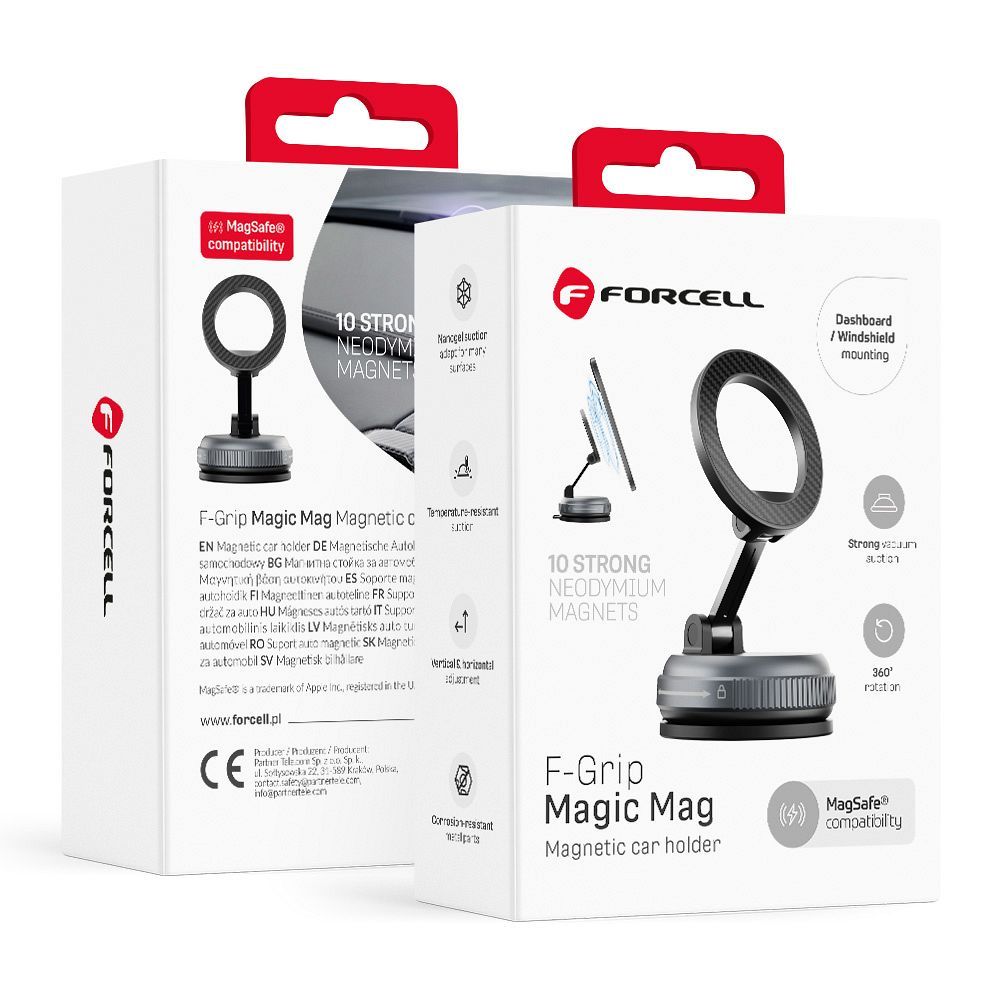 Forcell F-Grip Magic Mag magnētiskais auto telefona turētājs ar piesūcekni, saderīgs ar MagSafe – melns