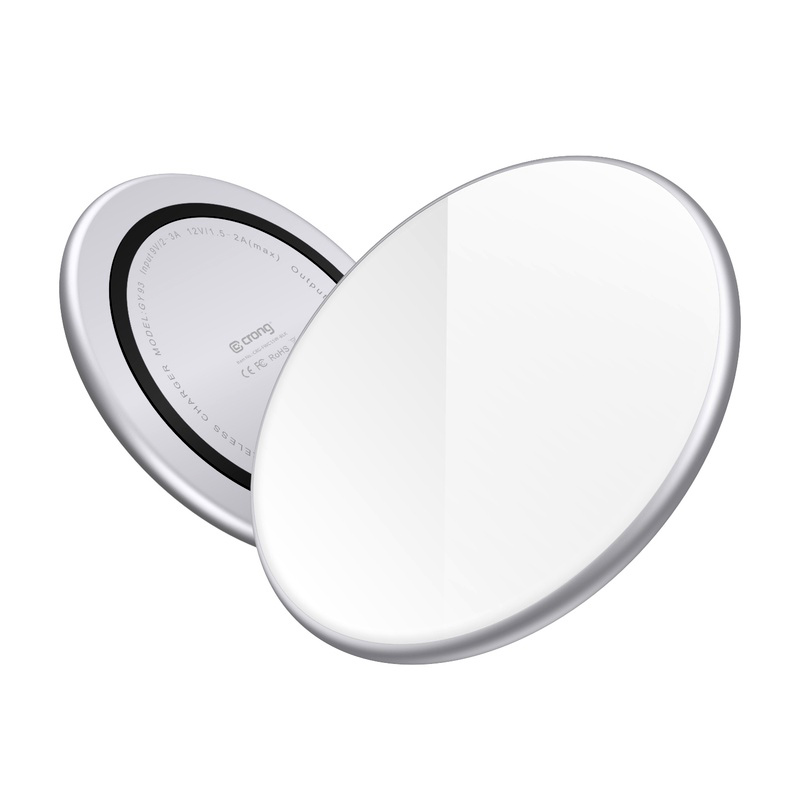 Crong PowerSpot Qi 15 W USB-C bezvadu lādētājs ar rūdīta stikla pārklājumu, sudraba krāsā un balts