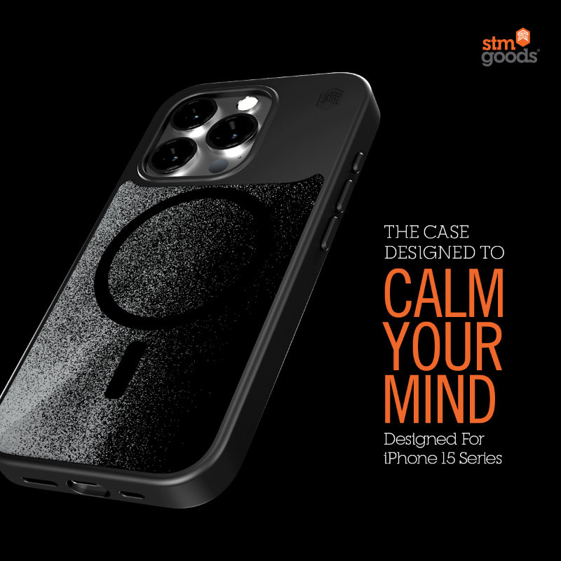 STM Relax Sand MagSafe vāciņš ierīcei iPhone 15 Pro, melns un pelēks