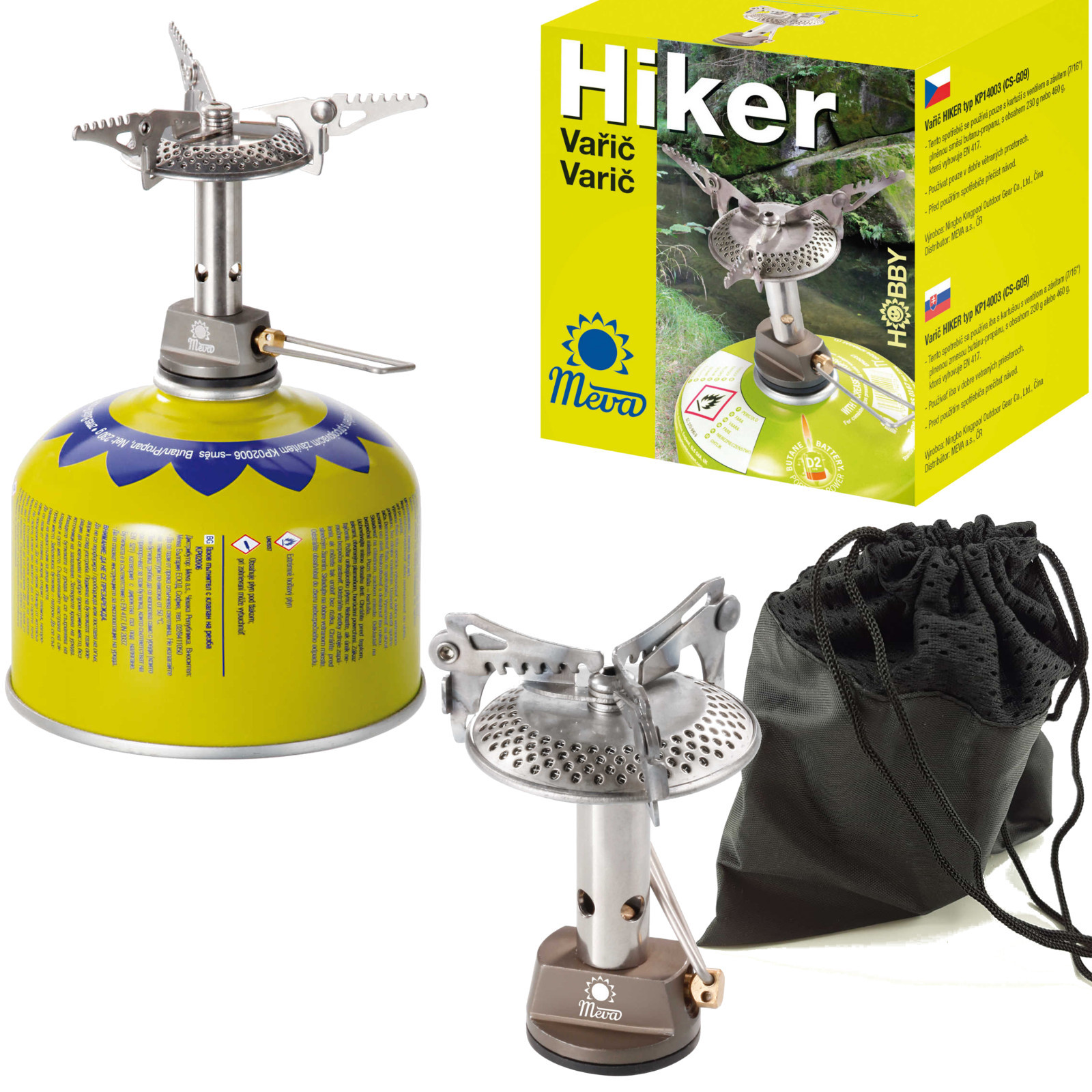 Meva HIKER tūrisma gāzes plīts vītņotām vai vārsta gāzes kasetnēm, 2,4 kW, 70 g