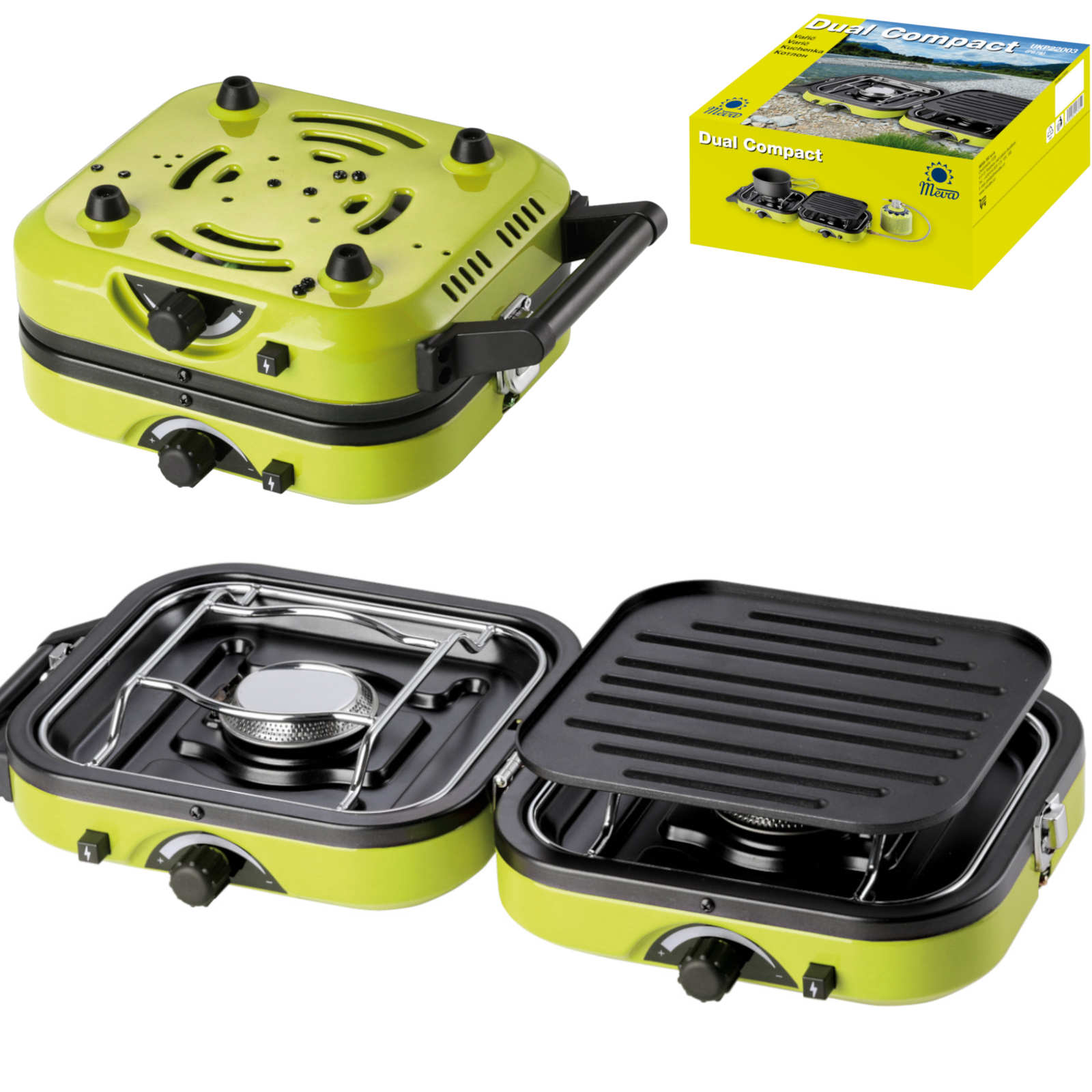 Meva DUAL COMPACT + GRILL tūrisma gāzes plīts gāzes kasetnēm, salokāms 2 degļu modelis ar grila plāksni