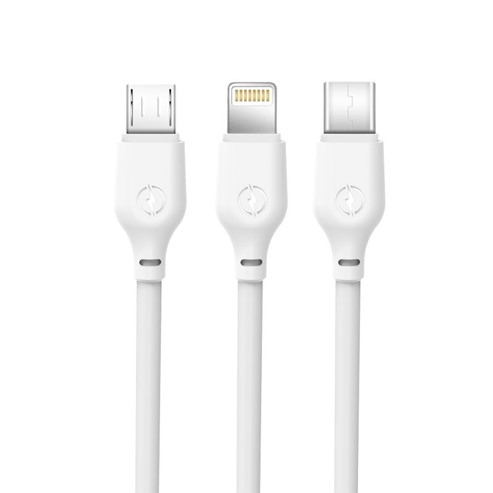 XO NB103 USB-A kabelis 3 vienā ar Lightning, USB-C un Micro-USB savienotājiem, 1 m, 2,1 A – balts