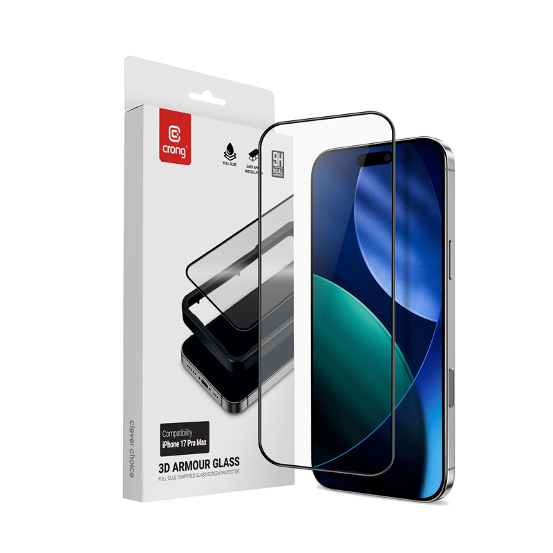 Crong 3D Armor Glass rūdīta stikla ekrāna aizsargs iPhone 17 Pro Max ar uzstādīšanas rāmi