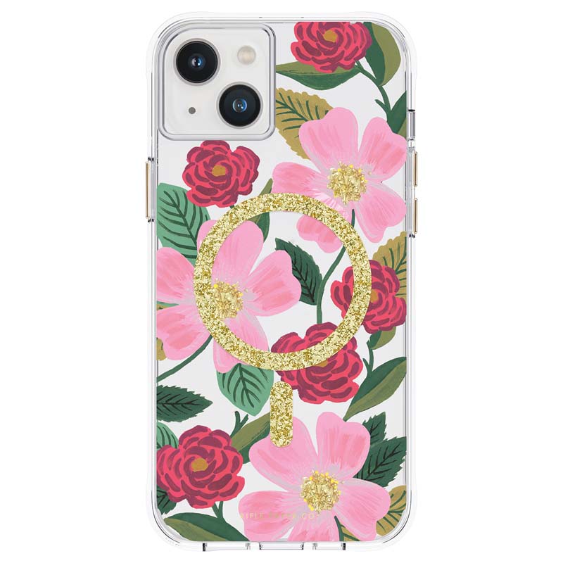 Rifle Paper Clear MagSafe vāciņš ierīcei iPhone 14 Plus, ar zelta krāsas rotājumu, ar “Rose Garden” rakstu