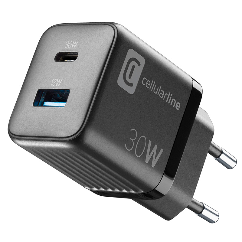 Cellularline Multipower Micro GaN USB-C un USB-A Power Delivery tīkla lādētājs, 30 W, melns
