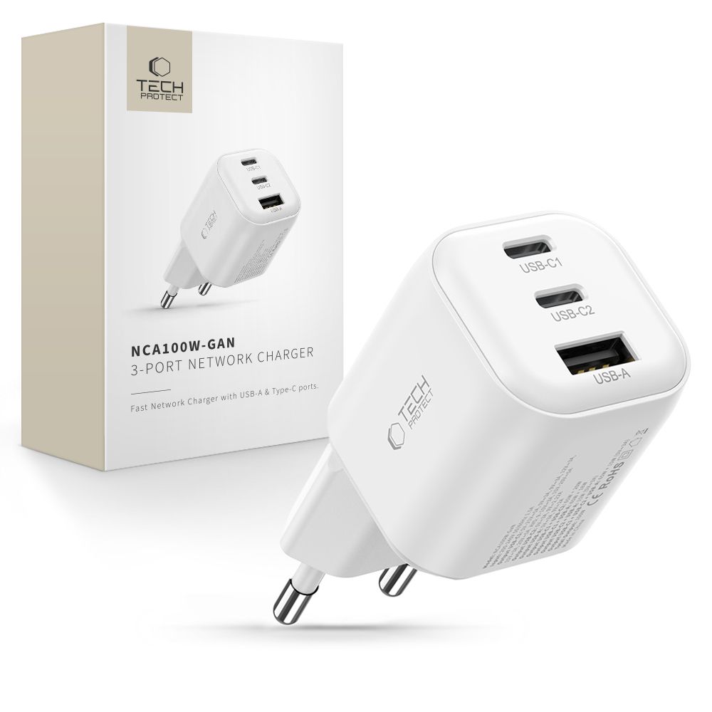 Tech-Protect NCA100W-GaN 3 pieslēgvietu 100 W PD 3.2/QC 3.0 tīkla barošanas adapteris – balts