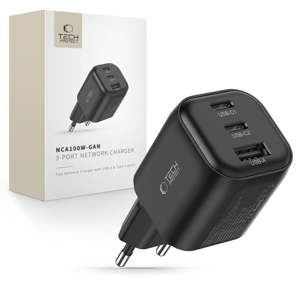 Tech-Protect NCA100W-GaN 3 pieslēgvietu 100 W PD 3.2/QC 3.0 tīkla barošanas adapteris – melns
