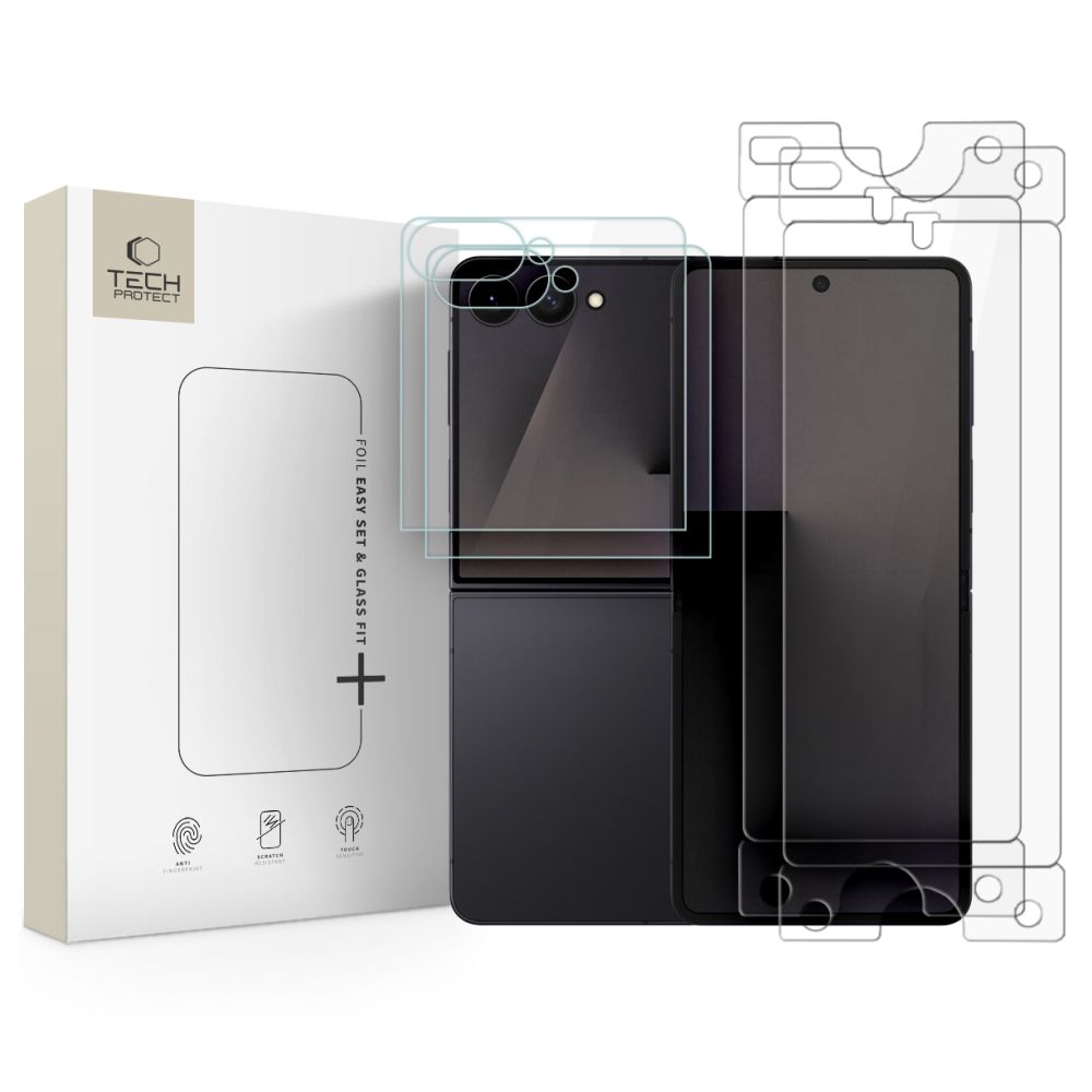 Tech-Protect aizsardzības komplekts Samsung Galaxy Z Flip 7 / 8: Glass Fit+ rūdītais stikls, 2 gab., un Hydro Flex+ hidrogēla plēve, 2 gab.