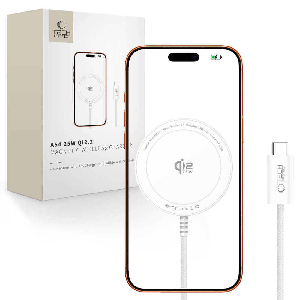 Tech-Protect A54 MagSafe Qi2.2 25 W bezvadu lādētājs – balts