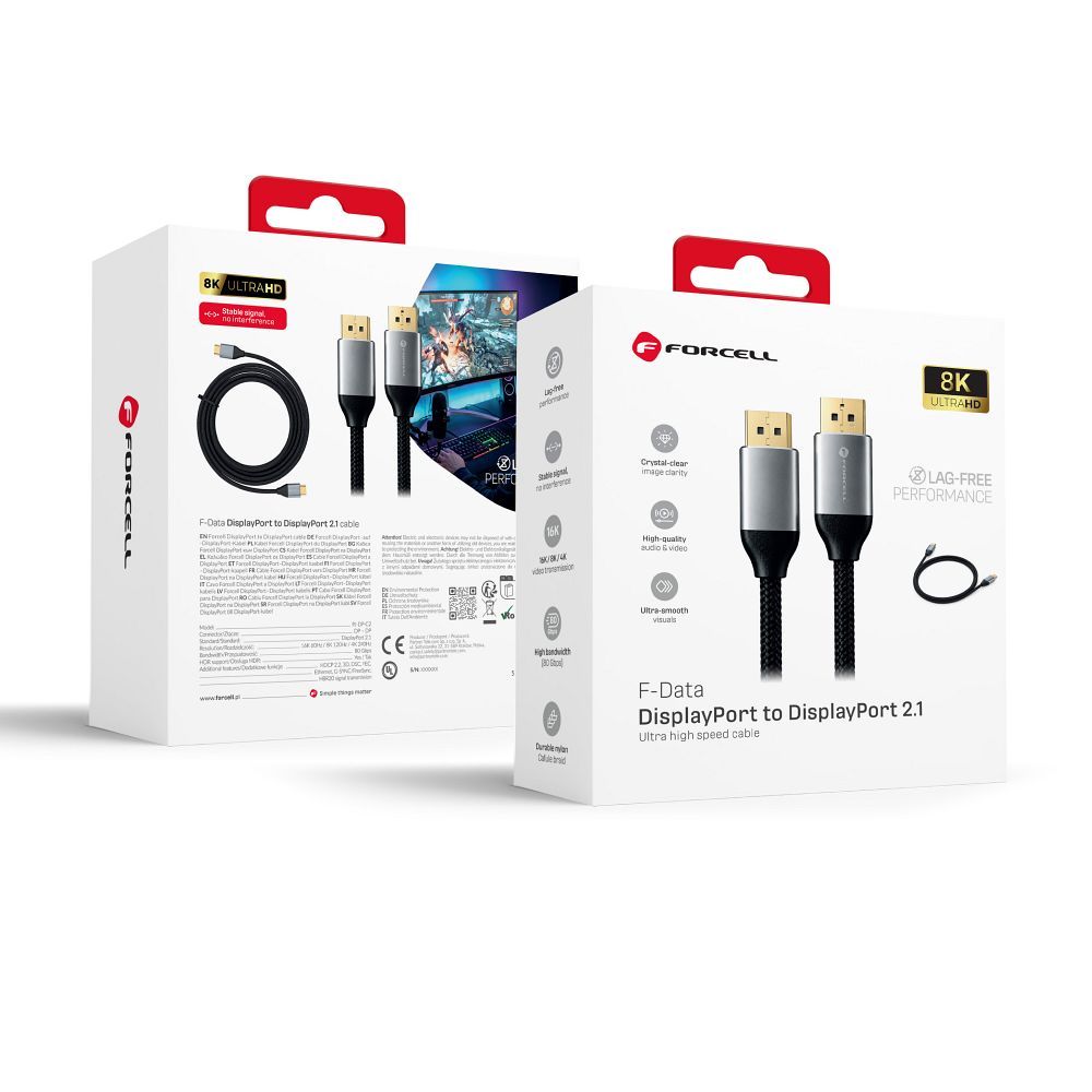 Forcell DisplayPort 2.1 kabelis, 16K/60 Hz, 8K/120 Hz, 4K/240 Hz, HDR, Ethernet, G-SYNC/FreeSync, 80 Gbit/s, 2 m – melns