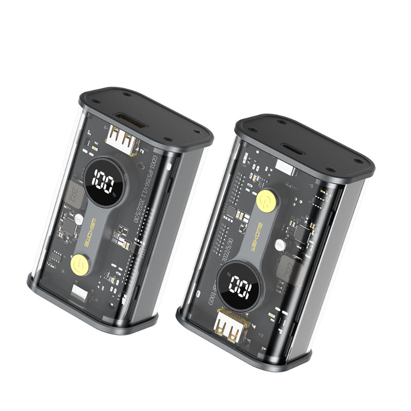 WEKOME WP-333 Vanguard Series ārējais akumulators, 10000 mAh, PD 20 W + QC 22,5 W, melns un caurspīdīgs