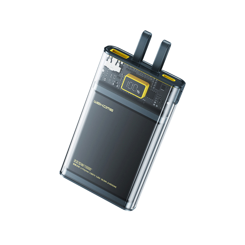 WEKOME WP-323 Vanguard Series ārējais akumulators, 10000 mAh, PD 20 W + QC 22,5 W, ar iebūvētiem USB-C un Lightning kabeļiem, melns un caurspīdīgs