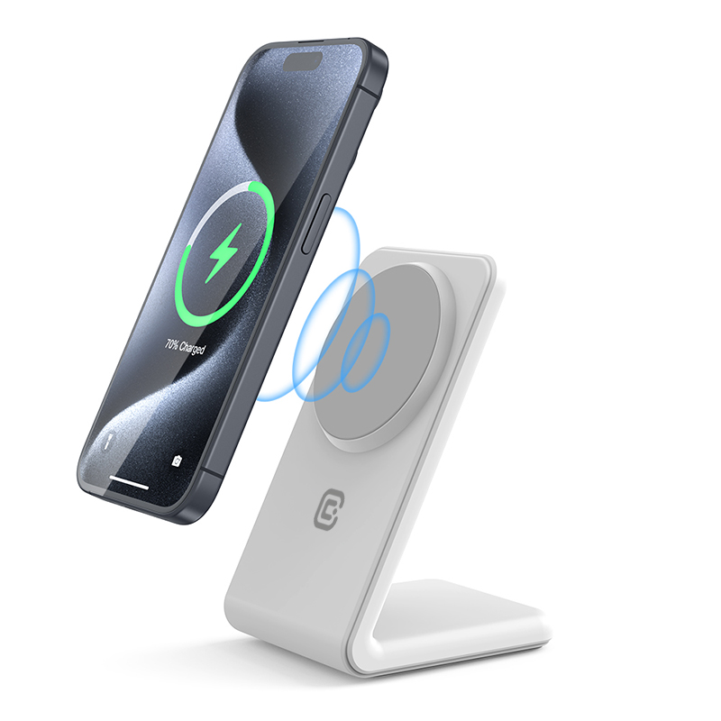 Crong MagSpot Stand 2 vienā bezvadu lādētājs iPhone un AirPods ierīcēm, saderīgs ar MagSafe, balts
