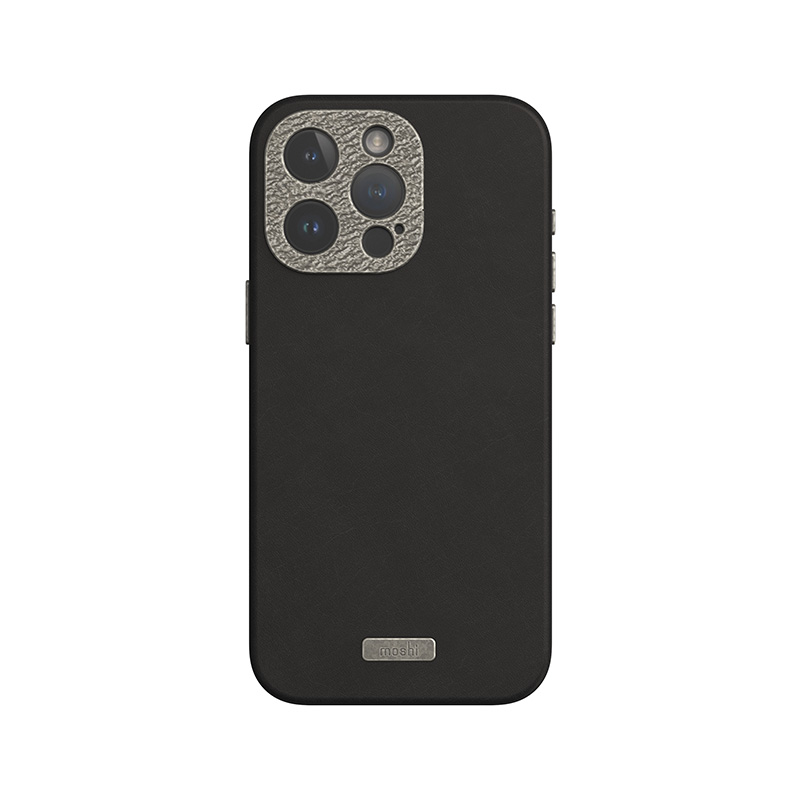 Moshi Napa MagSafe augstākās kvalitātes vegānās ādas vāciņš ierīcei iPhone 15 Pro Max, “Midnight Black” krāsā