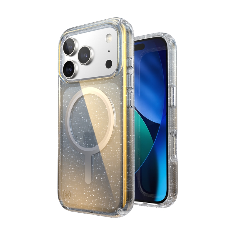 Speck Presidio Lux MagSafe vāciņš ierīcei iPhone 17 Pro, “Hyper Mirror Glitter / Silver Metallic” krāsā