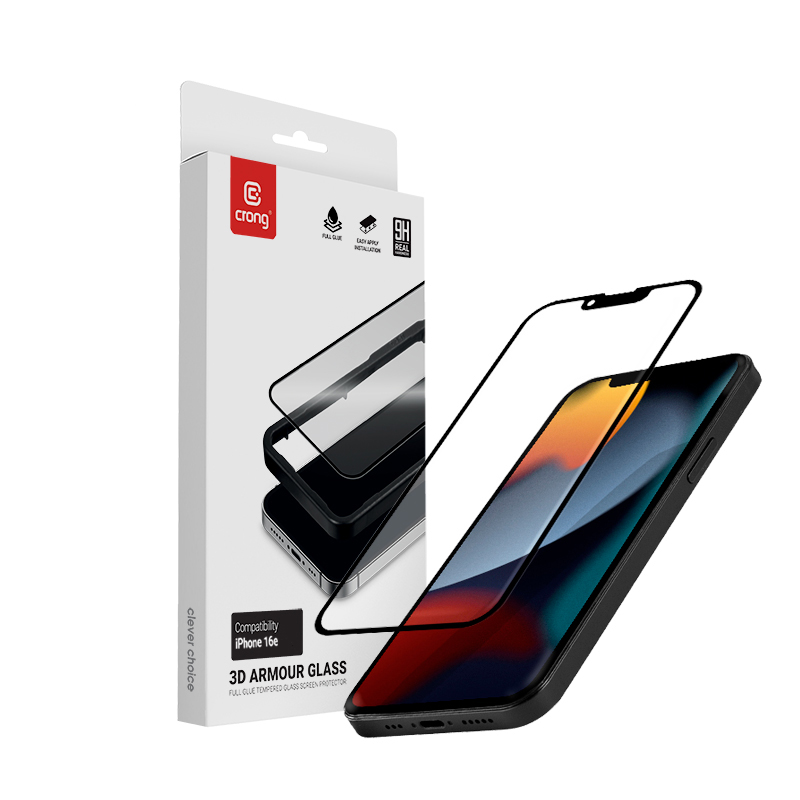 Crong 3D Armor Glass rūdīta stikla ekrāna aizsargs iPhone 17e / 16e / 14 / 13 / 13 Pro ar uzstādīšanas rāmi
