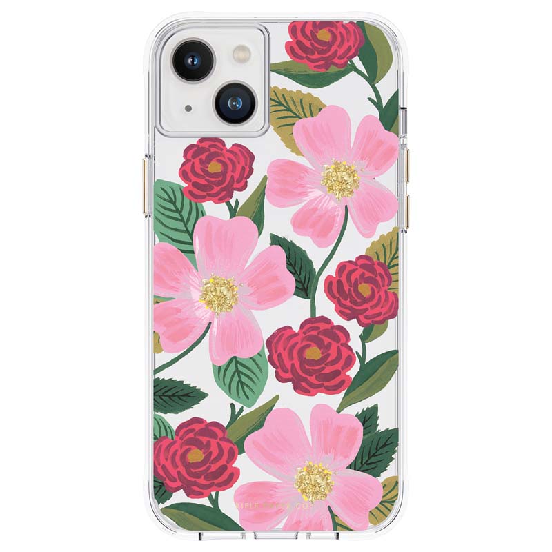Rifle Paper Clear vāciņš ierīcei iPhone 14 Plus, ar zelta krāsas rotājumu, ar “Rose Garden” rakstu