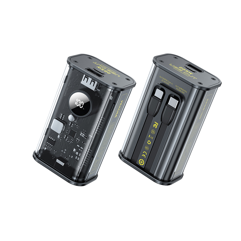 WEKOME WP-345 Vanguard Series ārējais akumulators, 10000 mAh, PD 20 W + QC 22,5 W, ar iebūvētiem USB-C un Lightning kabeļiem, melns