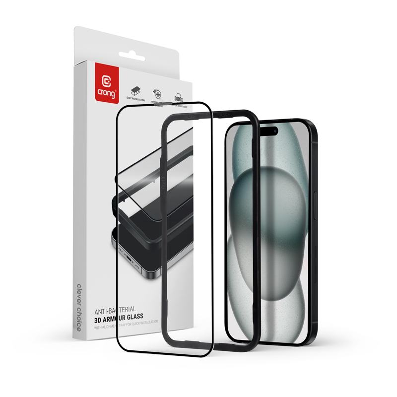 Crong Anti-Bacterial 3D Armour Glass pretmikrobu 9H rūdīta stikla ekrāna aizsargs ierīcei iPhone 16 Plus / 15 Plus ar līmi pa visu virsmu un uzstādīšanas rāmi