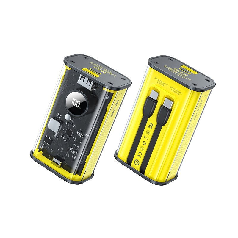 WEKOME WP-345 Vanguard Series ārējais akumulators, 10000 mAh, PD 20 W + QC 22,5 W, ar iebūvētiem USB-C un Lightning kabeļiem, dzeltens