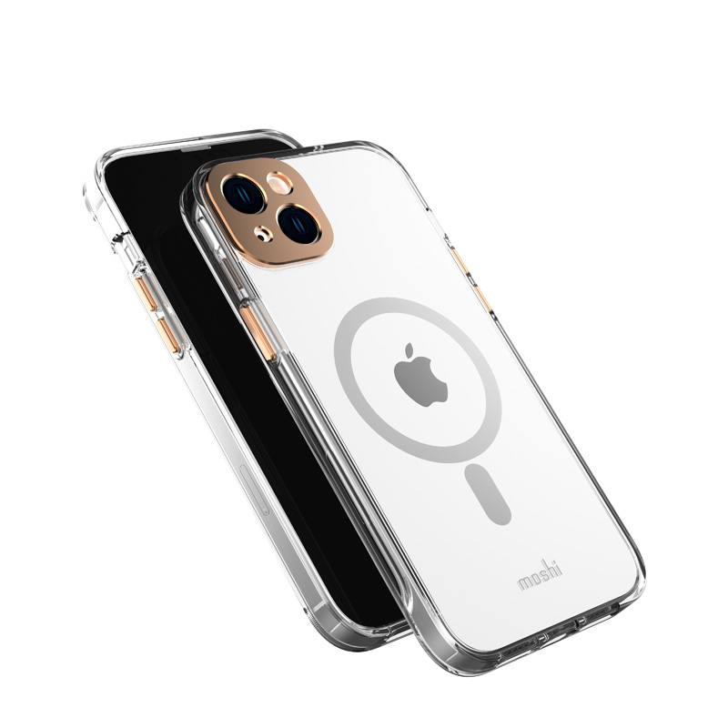 Moshi iGlaze vāciņš ierīcei iPhone 14 Plus, saderīgs ar MagSafe, caurspīdīgs ar “Sunset Gold” krāsas detaļām