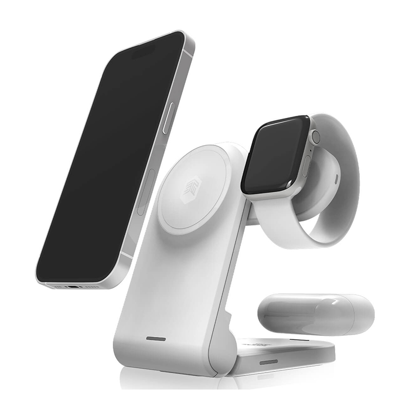 STM ChargeTree MAG pārnēsājama 3 vienā bezvadu uzlādes stacija iPhone, Apple Watch un AirPods ierīcēm, saderīga ar MagSafe, balta