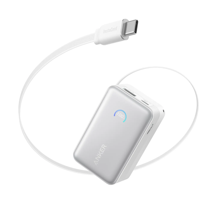 Anker Nano A1638H21 – 10000 mAh 45 W ārējais akumulators ar ievelkamu USB-C kabeli, balts