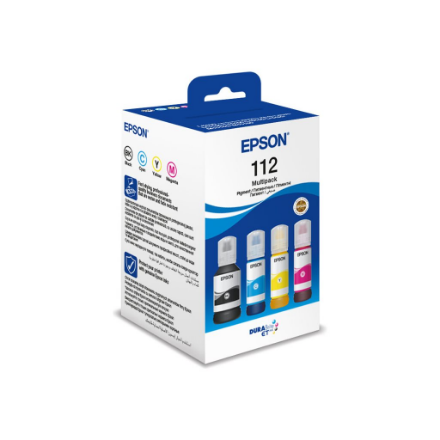 Epson 112 – EcoTank 4 krāsu tintes pudeļu komplekts: melna, ciāna, dzeltena un fuksīna