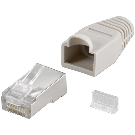 Goobay 68746 RJ45 spraudnis, CAT 5e STP ekranēts ar noslodzes atslogotāju, pelēks, apaļam kabelim, ar ievadīšanas cilpu 6.4 mm, iepakots pa vienam (1 komplekts vienā maisiņā) Tehniskās specifikācijas Savienojumi Savienojums, tips RJ45 spraudnis (8P8C) Savienojums, kontakts