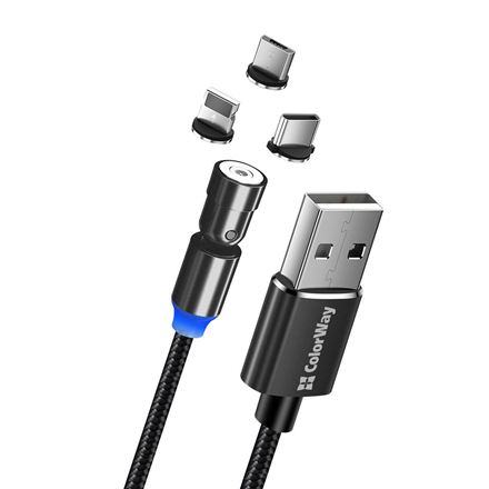 ColorWay CW-CBUU037-BK – 1 m 3-in-1 magnētiskais kabelis ar 540° rotējošiem Lightning, Micro-USB un USB-C savienotājiem, 2,4 A