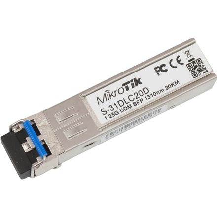 MikroTik S-31DLC20D – vienmoda SFP optiskais modulis, dubultais LC, 10/100/1 000 Mbit/s, 1 310 nm, līdz 20 000 m, no −40 līdz +70 °C
