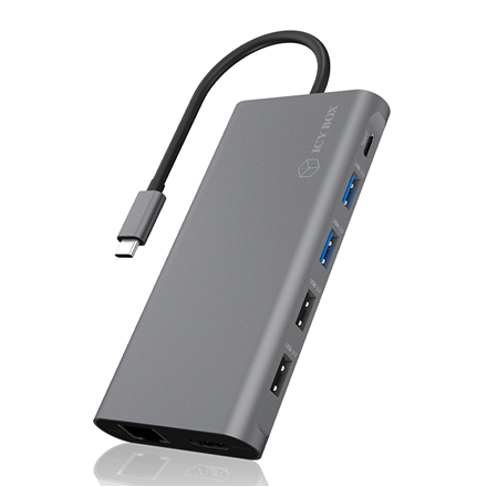 ICY BOX IB-DK4050-CPD – USB-C dokstacija 12-in-1 ar 100 W Power Delivery, divām HDMI izejām un RJ-45