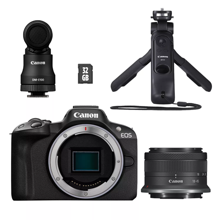 Canon EOS R50 + RF-S 18-45mm CREATOR KIT (SIP) Megapixel 24.2 MP Image stabilizer ISO sensitivity (max) 32000 Display diagonal 2.95 " Wi-Fi Video recording Automatic, manual CMOS Black