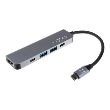 FIXED USB-C Hub Mini FIXHU-MN-GR – 5 pieslēgvietu USB-C centrmezgls klēpjdatoriem un planšetdatoriem, pelēks
